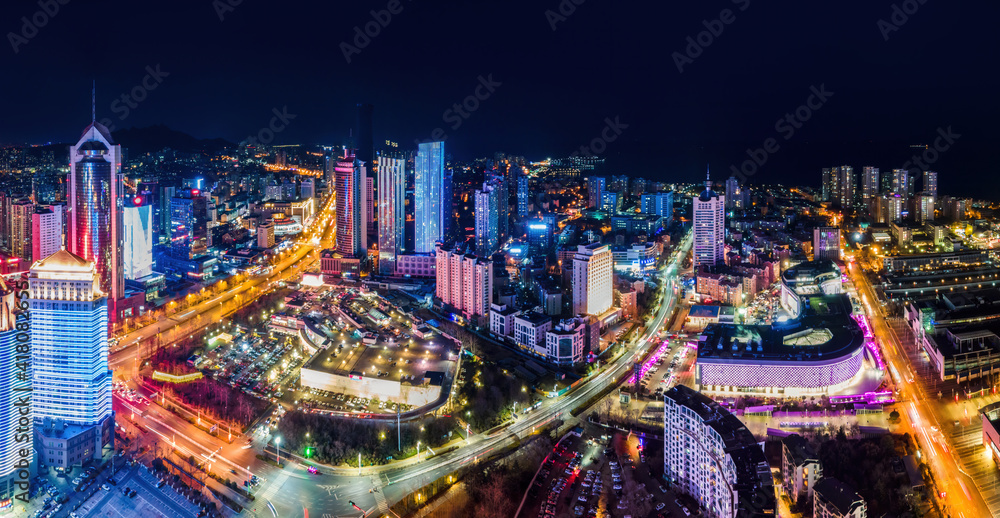 航拍中国青岛城市建筑景观夜景