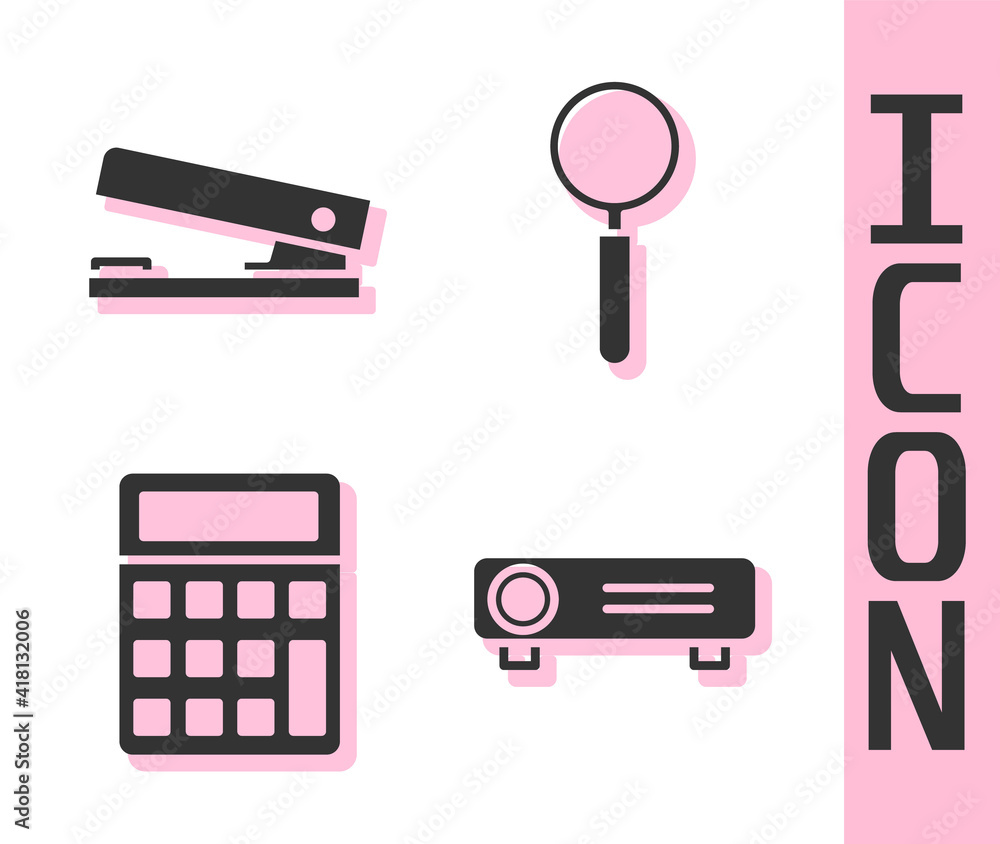 Set Movie, film, media projector, Office stapler, Calculator and Magnifying glass icon. Vector.