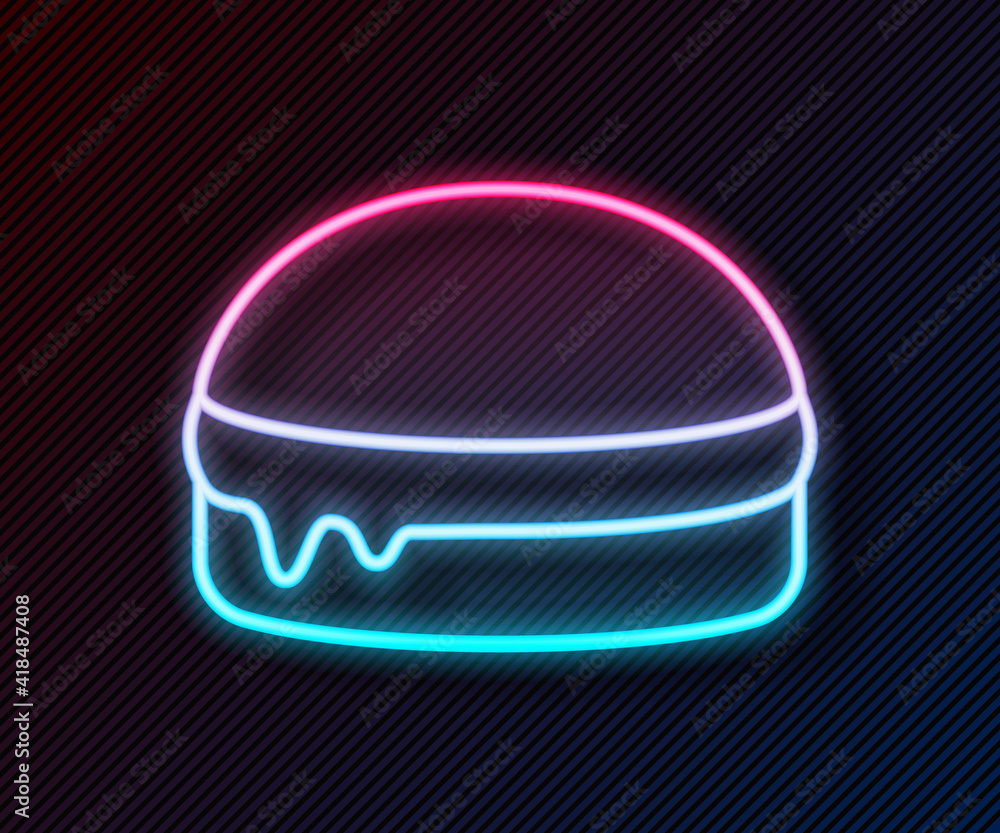 闪闪发光的霓虹线汉堡图标被隔离在黑色背景上。汉堡图标。奶酪汉堡三明治si