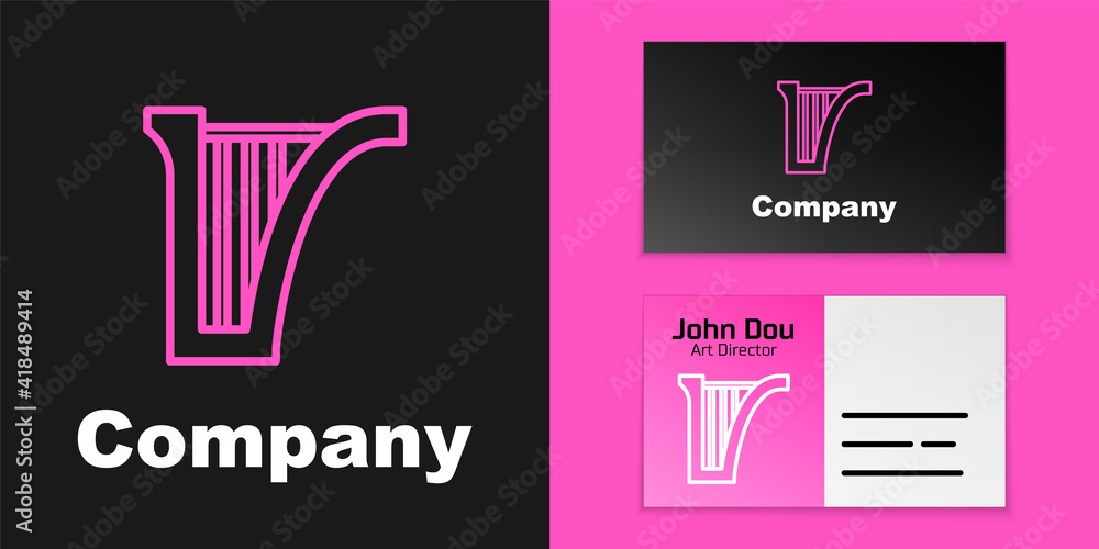 粉色线条竖琴图标孤立在黑色背景上。古典乐器，或赫斯特拉弦乐器
