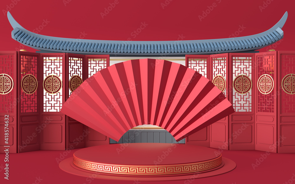 折扇背景的空平台，中国复古风格，3d渲染。