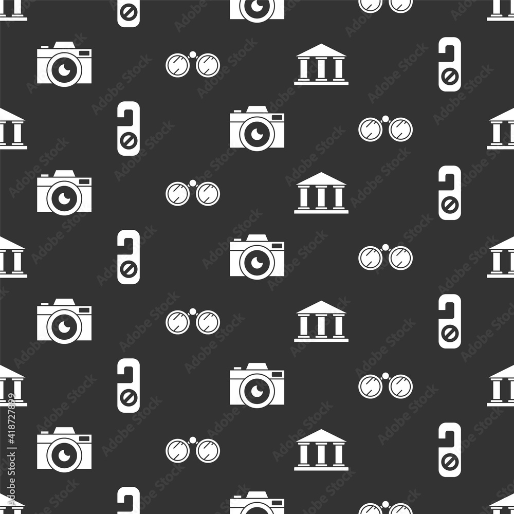 Set Museum building, Please do not disturb, Photo camera and Binoculars on seamless pattern. Vector.