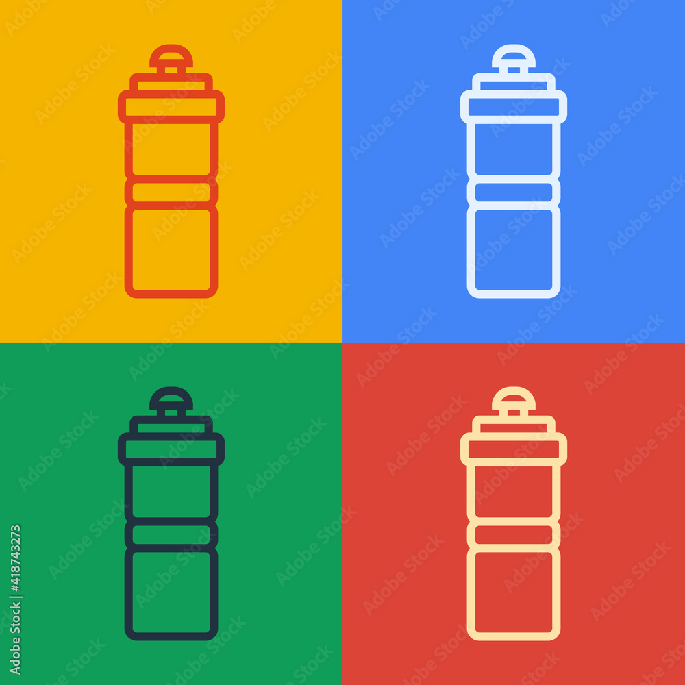 流行艺术线条运动瓶，水图标隔离在彩色背景上。矢量。