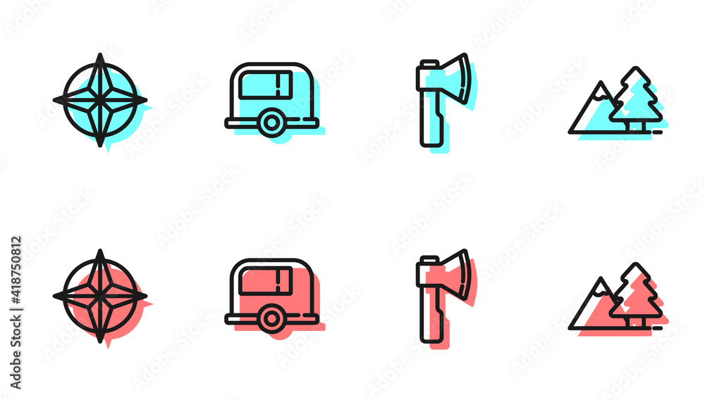 Set line Wooden axe, Wind rose, Rv Camping trailer and Mountains with tree icon. Vector.