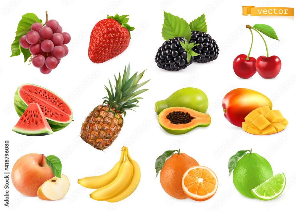葡萄、草莓、黑莓、樱桃、西瓜、菠萝、木瓜、芒果、苹果、香蕉、橙子
