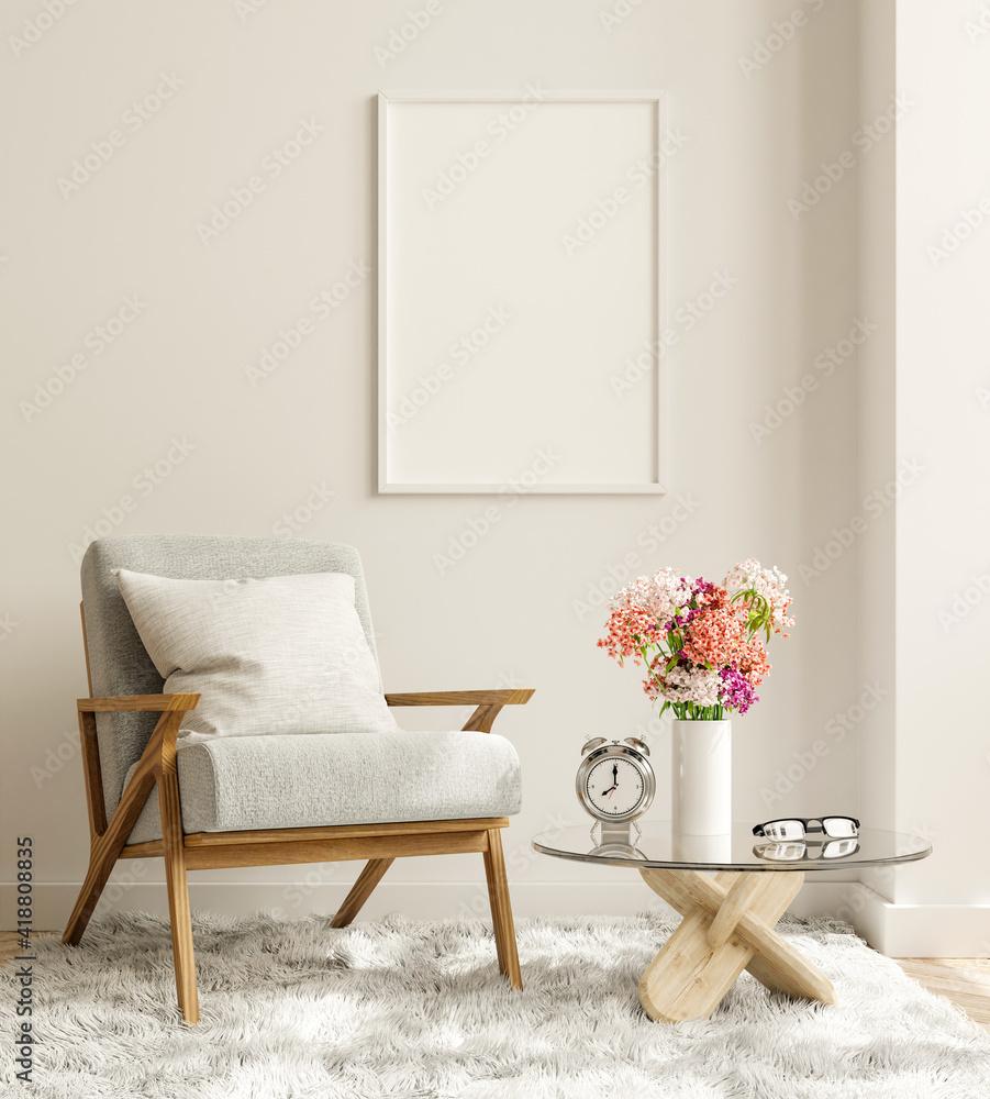 现代客厅室内设计中的实体海报，白色空墙。