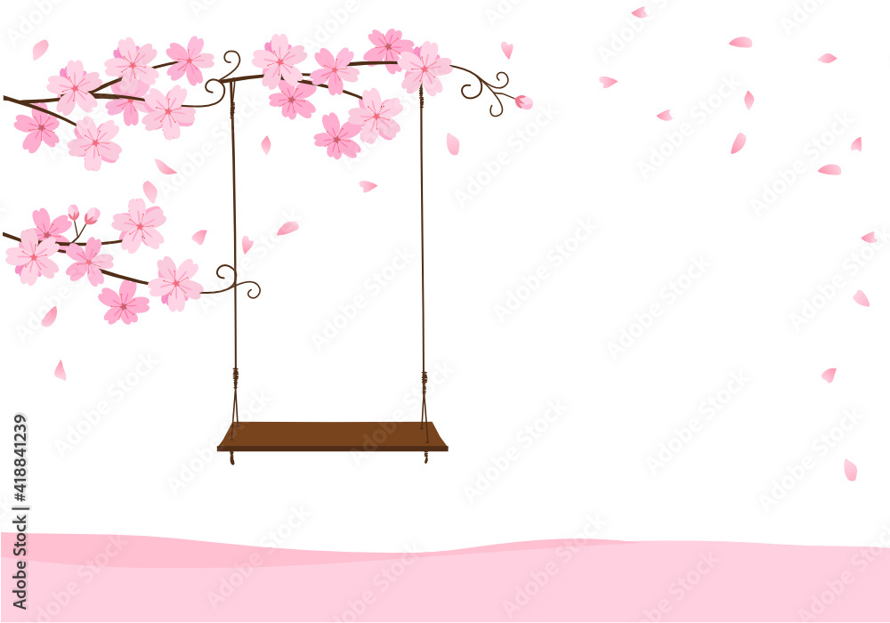 粉色樱花在白色背景矢量插图上分枝和摆动。
