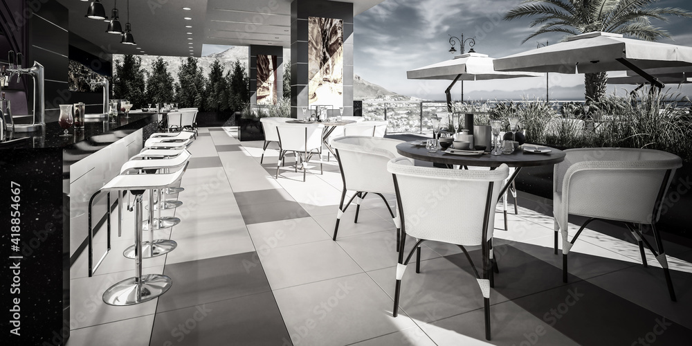 Terrace Bar & Restaurant with Outlook - panoramic black and white 3d visualization