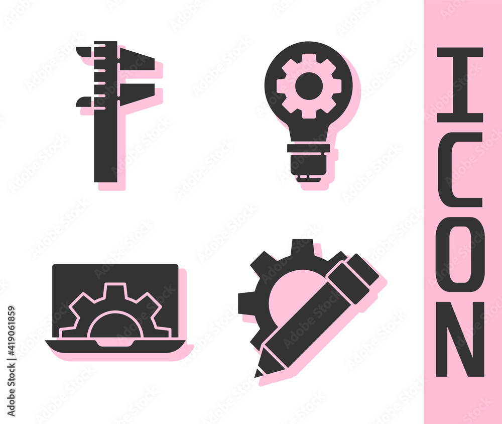 Set Pencil and gear, Calliper or caliper and scale, Laptop and gear and Light bulb and gear icon. Ve