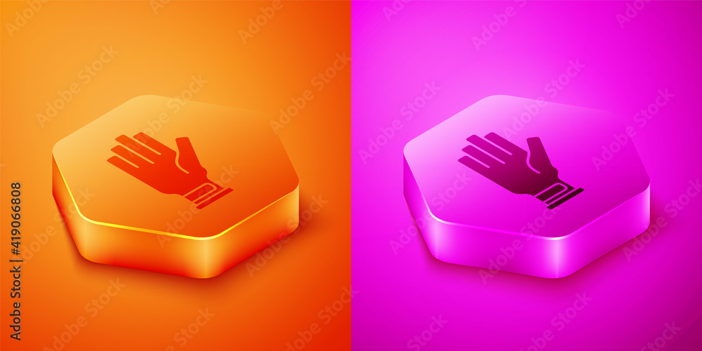 Isometric Golf glove icon isolated on orange and pink background. Sport equipment. Sports uniform. H