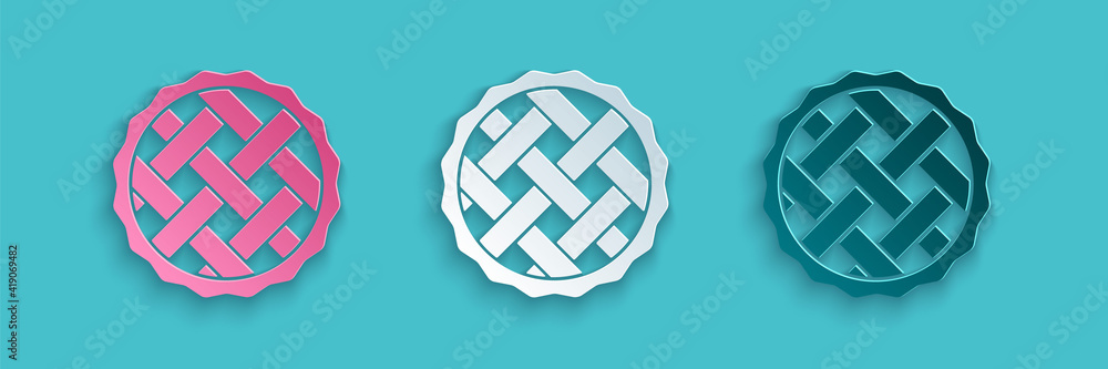 Paper cut Homemade pie icon isolated on blue background. Paper art style. Vector.