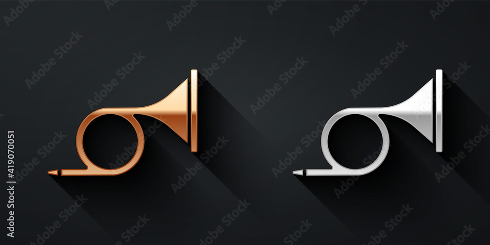 Gold and silver Musical instrument trumpet icon isolated on black background. Long shadow style. Vec