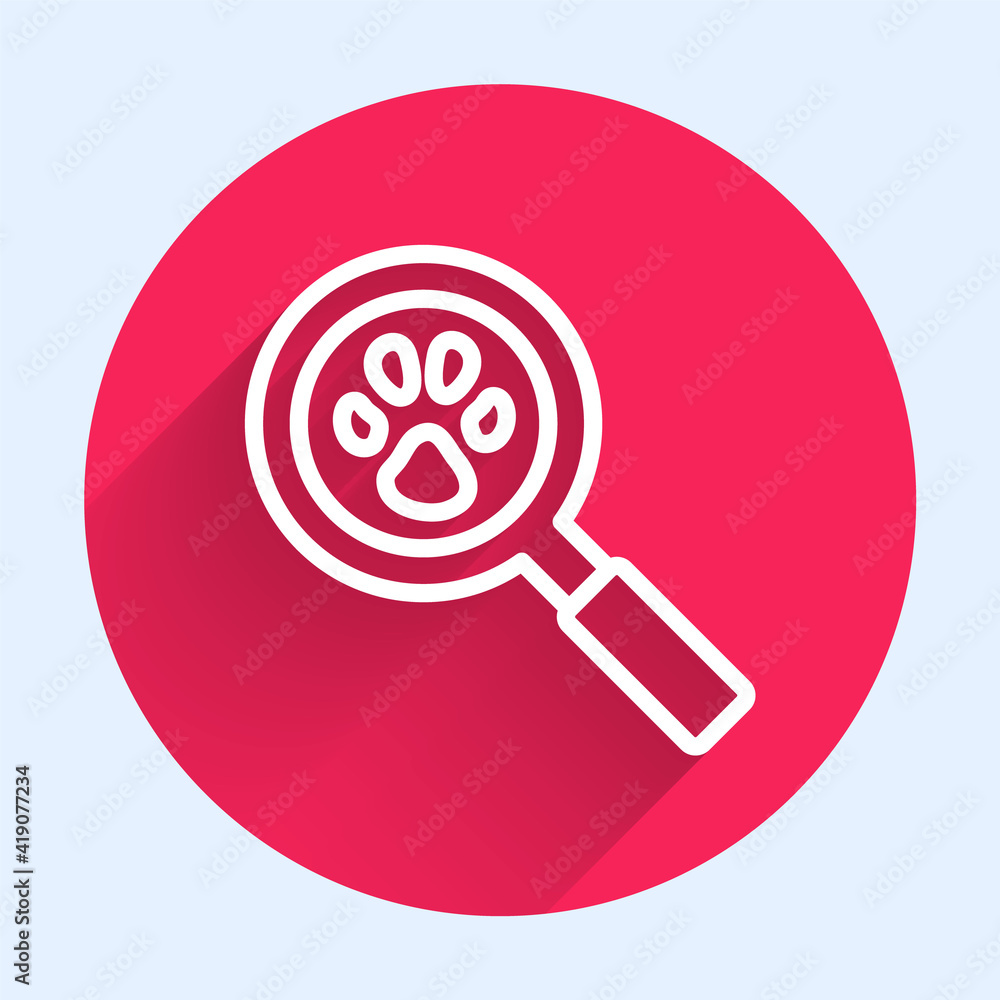 White line Paw search icon isolated with long shadow. Magnifying glass with animal footprints. Red c