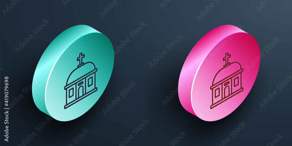 Isometric line Santorini building icon isolated on black background. Traditional Greek white houses 