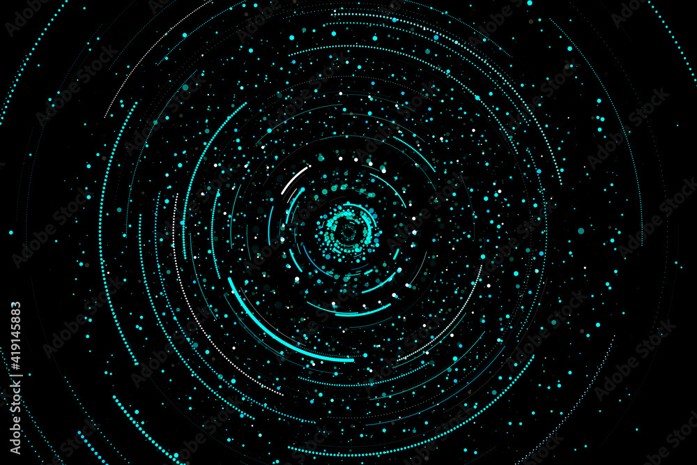 Stats data visualization with virtual dark space background with glowing circles and dots