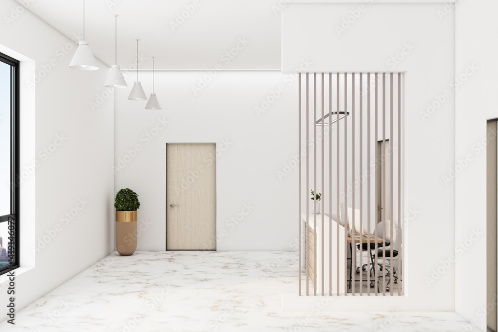 Modern sunny office with reception area, door in white wall, wooden slatted screen and marble floor