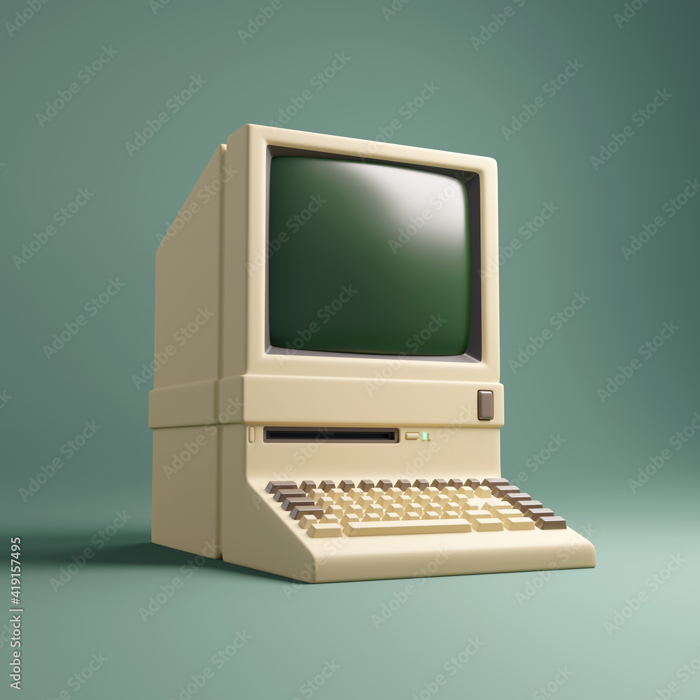 复古的20世纪80年代个人台式电脑，内置屏幕和键盘。3D插图。
