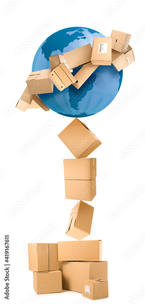Planet Earth with heap of parcels on white background