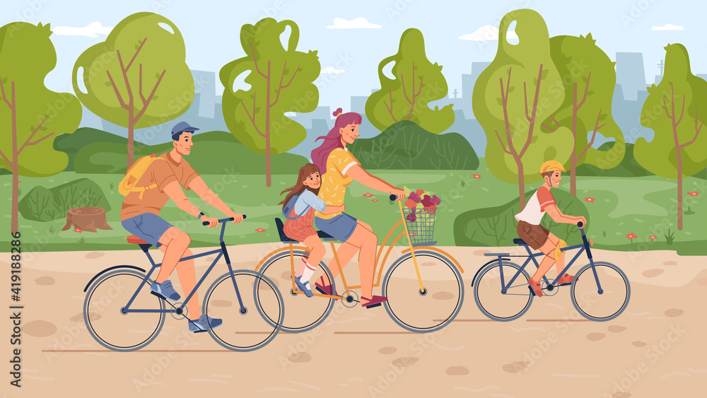 Family riding on bicycles in park, mother, father, son and daughter on bikes, flat cartoon design. V