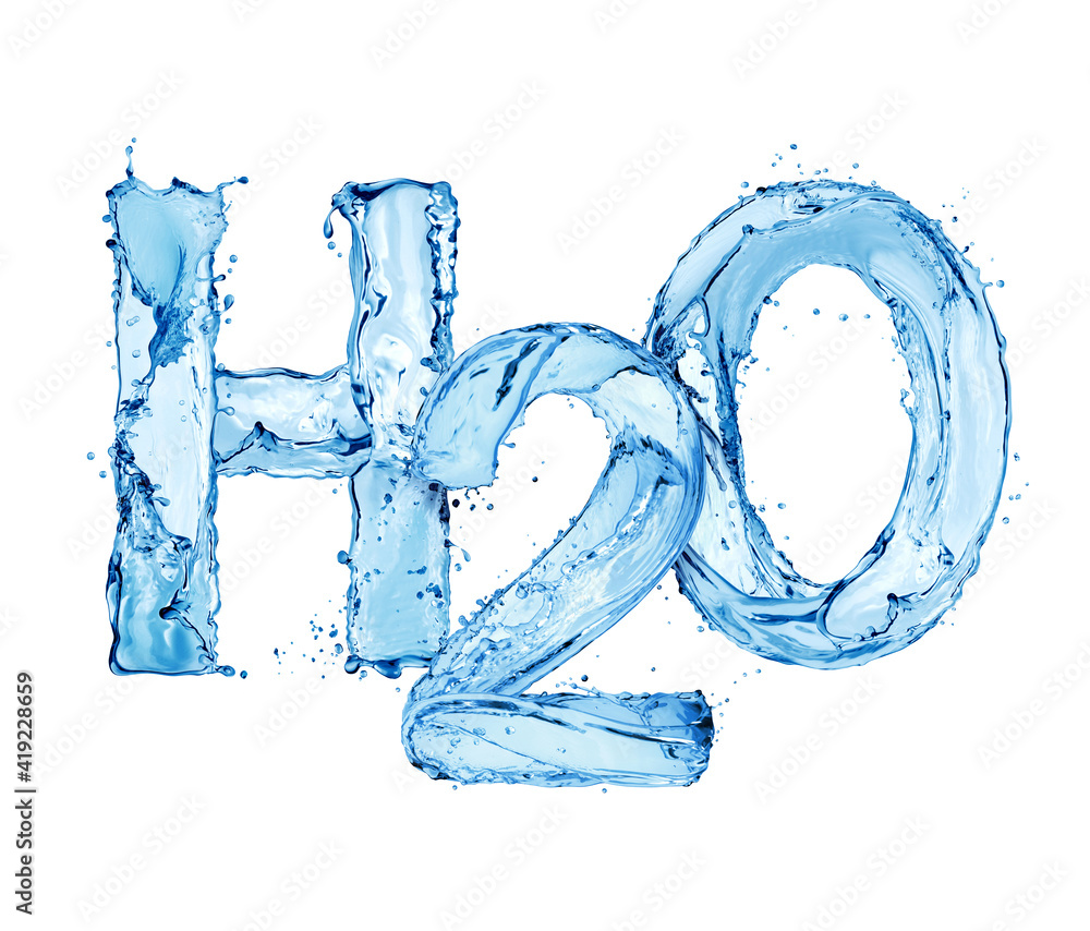 水H2O的化学式，由白色背景上的水花组成