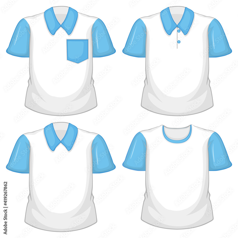 Set of different white shirts with blue short sleeves isolated on white background