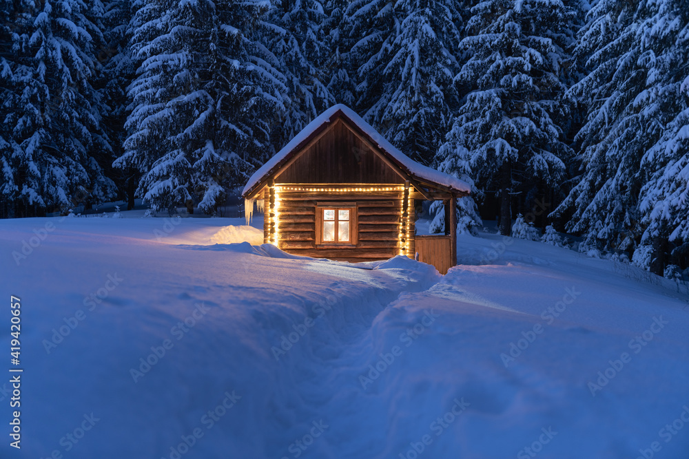 迷人的冬季景观，在雪林中有闪闪发光的木屋。喀尔巴阡山脉的舒适小屋