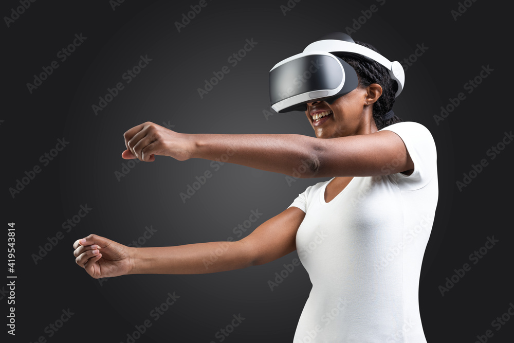 3D插图非裔美国女性使用VR耳机进行虚拟现实体验