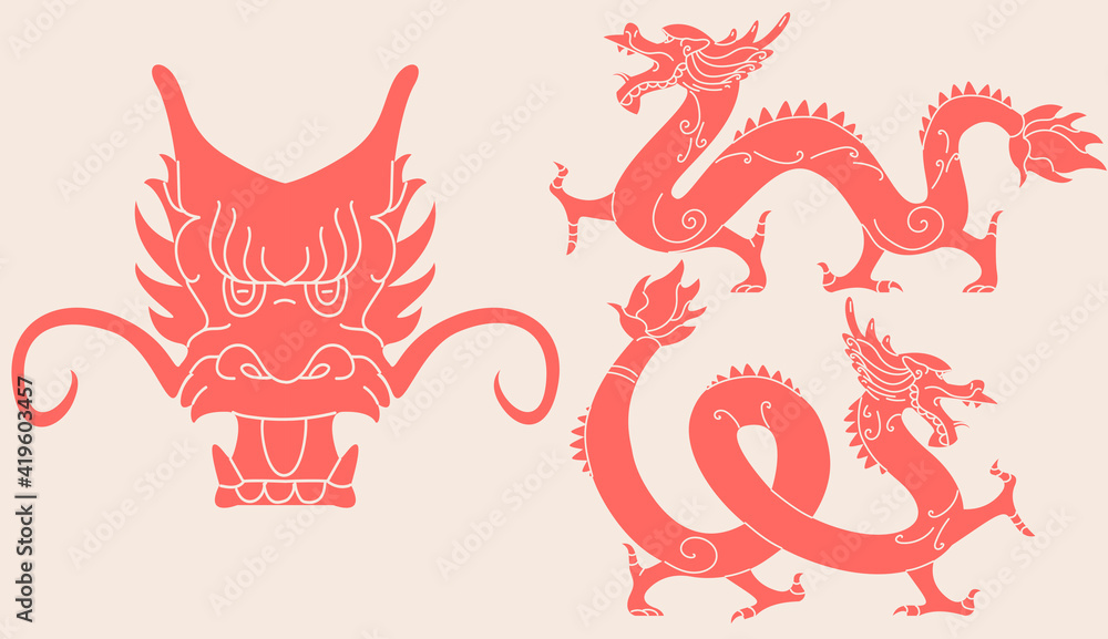 亚洲古龙平面卡通插图集。日本传统文化动物符号col