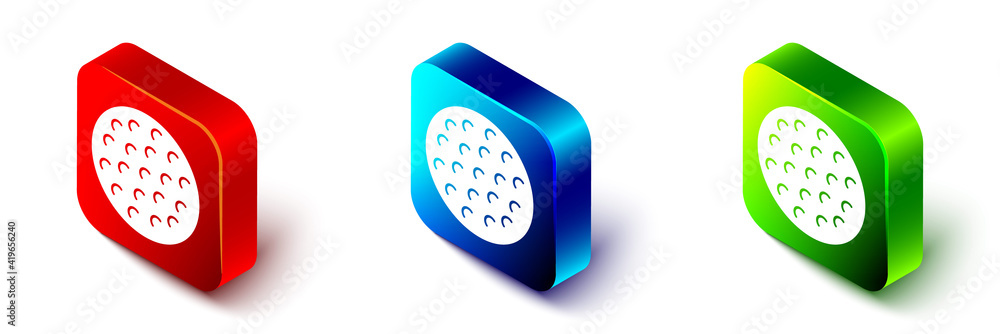 Isometric Golf ball icon isolated on white background. Red, blue and green square button. Vector.