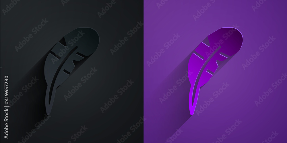 Paper cut Feather pen icon isolated on black on purple background. Paper art style. Vector.