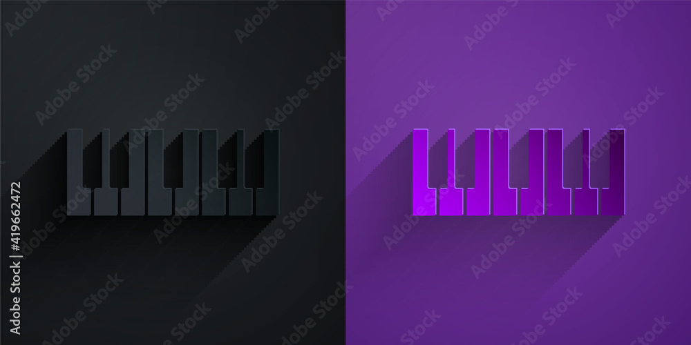 剪纸音乐合成器图标隔离在紫色背景下的黑色上。电子钢琴。纸艺