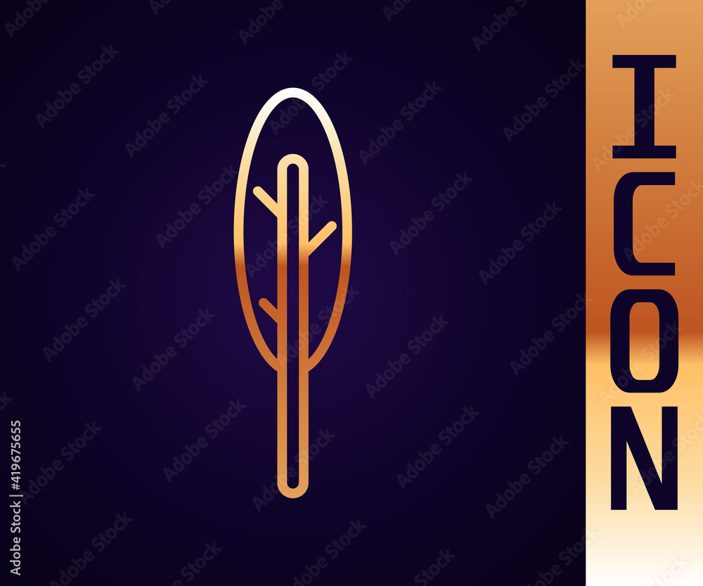 Gold line Feather pen icon isolated on black background. Vector.
