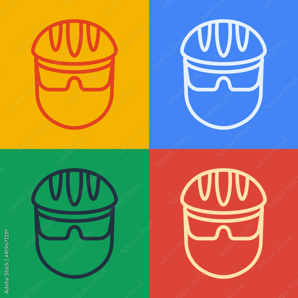 Pop art line Bicycle helmet icon isolated on color background. Extreme sport. Sport equipment. Vecto