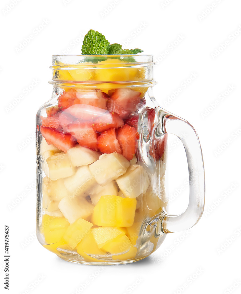 白底热带水果沙拉梅森罐