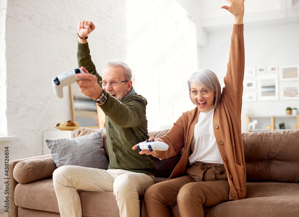 一对在家玩电子游戏庆祝胜利的老夫妇欣喜若狂