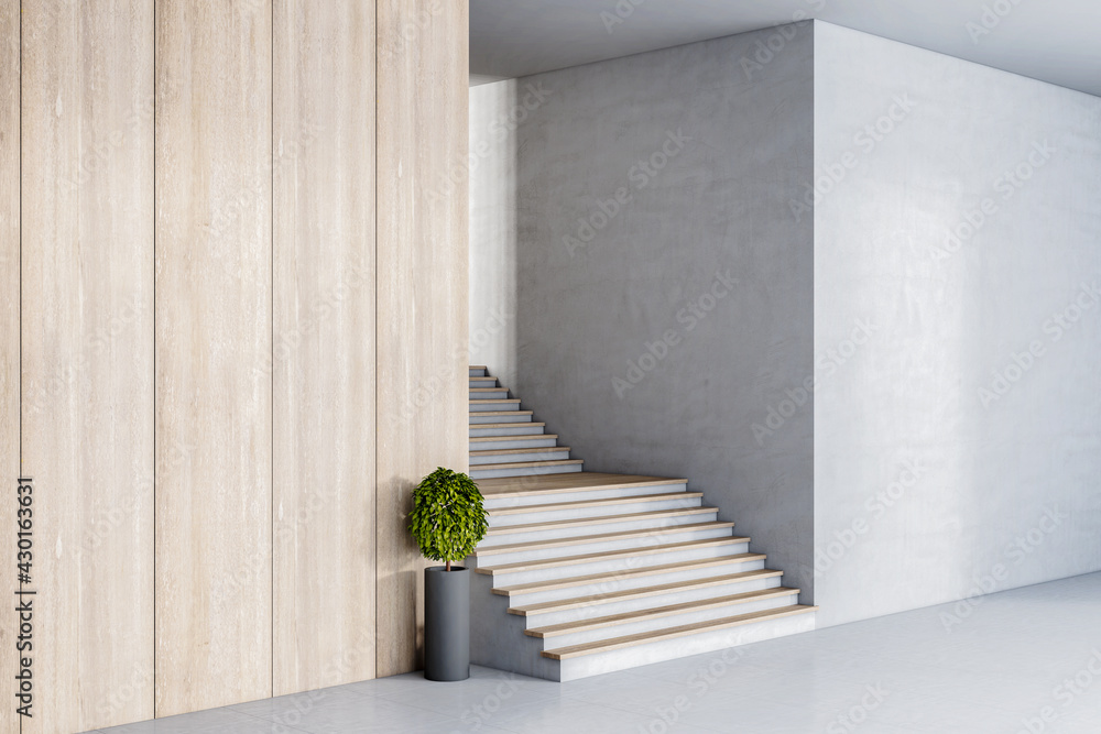 Perspective view on wooden and concrete stairs between wooden and concrete wall at the entrance. 3D 