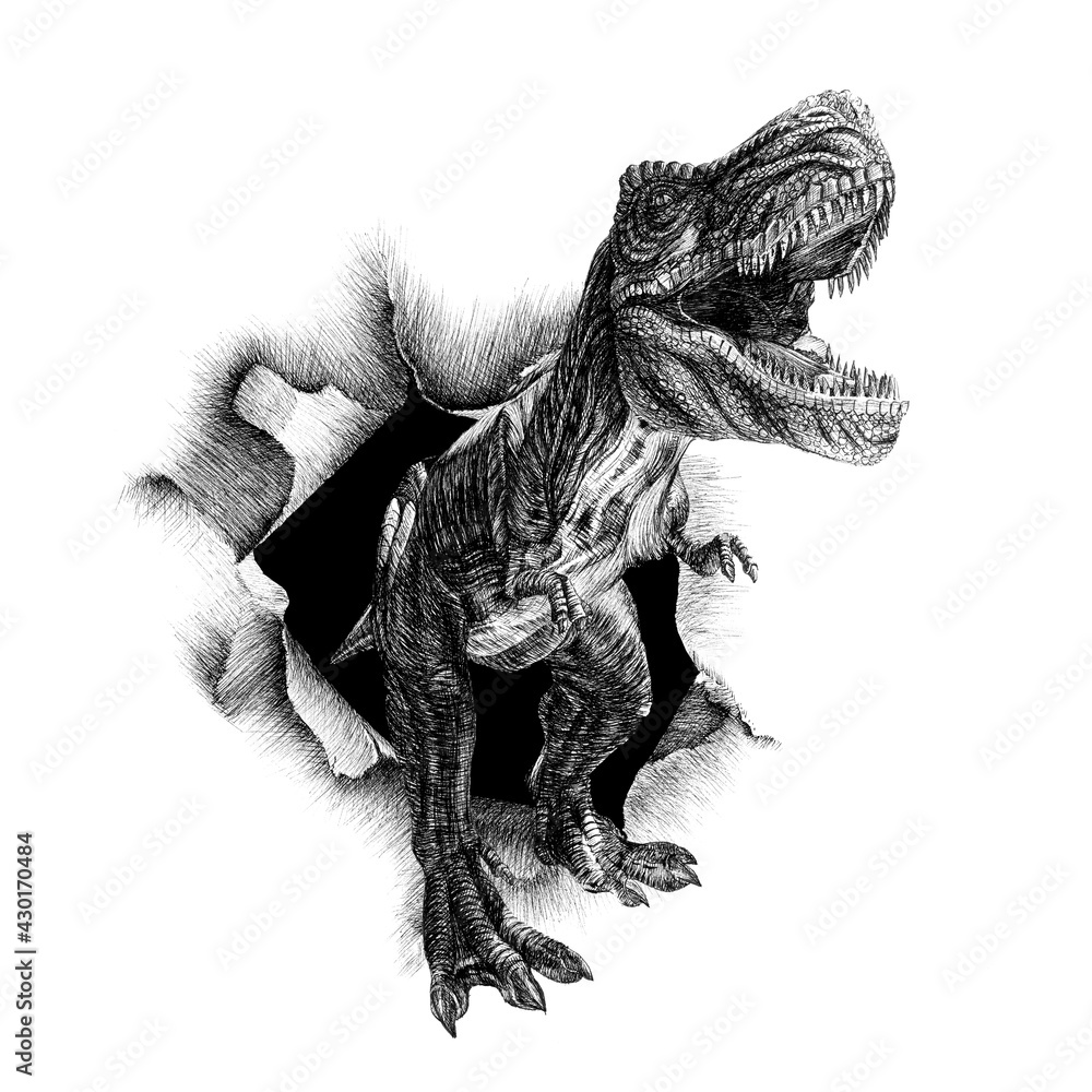 恐龙手绘碎纸，白色背景单色示意图