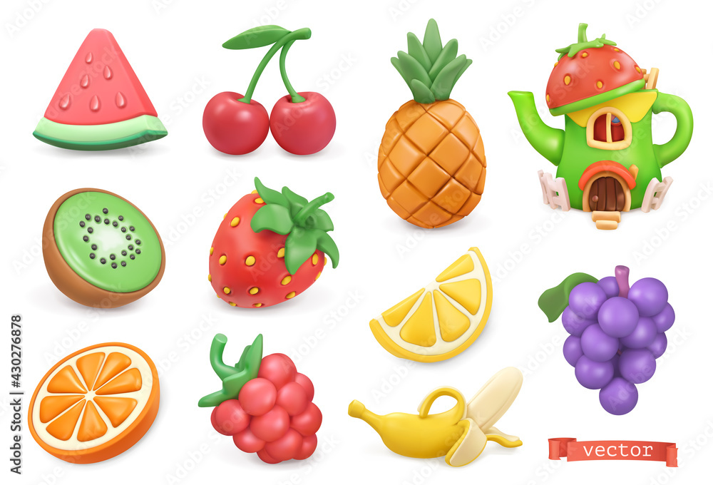 Sweet fruits icon set. Watermelon, kiwi, orange, cherry, strawberry, raspberry, pineapple, lemon, ba