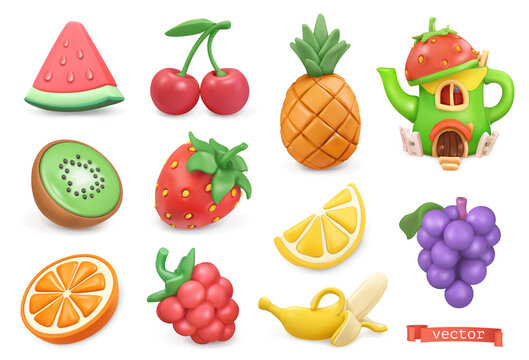 Sweet fruits icon set. Watermelon, kiwi, orange, cherry, strawberry, raspberry, pineapple, lemon, ba