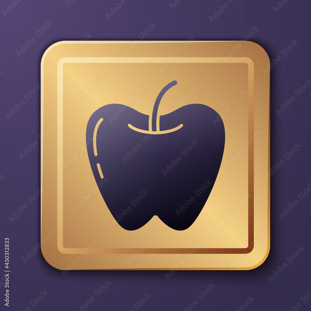 紫色背景上的紫色苹果图标。带叶子符号的水果。金色方形按钮。矢量