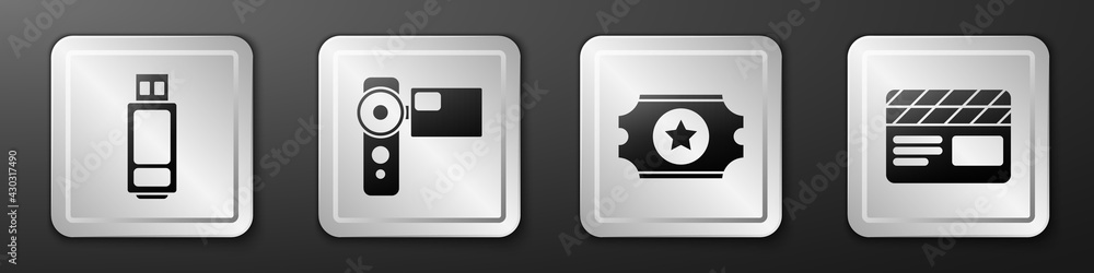 设置U盘、电影摄影机、电影票和电影拍板图标。银色方形按钮。Vect
