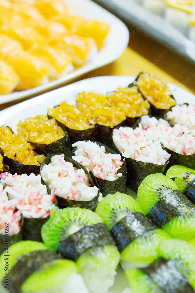 Fruit sushi rolls, nutritious food, depth of field effect