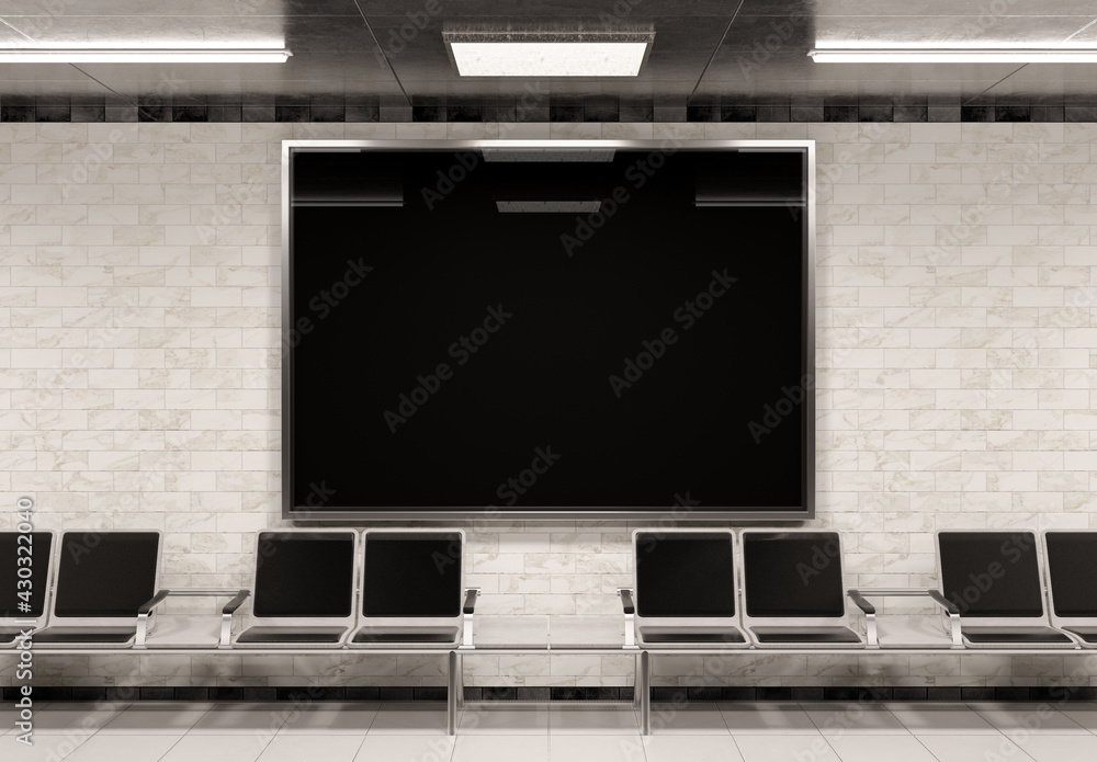 Horizontal A4 billboard on underground wall Mockup. Hoarding advertising on train station wall 3D re