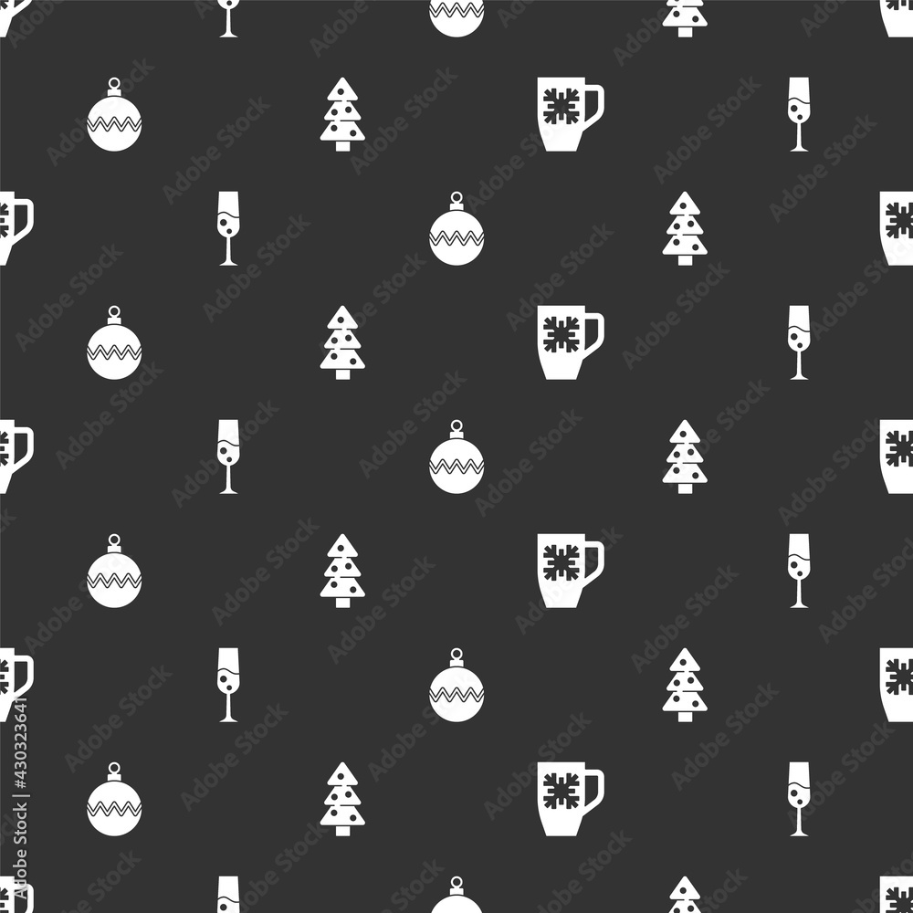 将雪花咖啡杯、玻璃香槟、圣诞球和圣诞树设置在无缝图案上。Vector