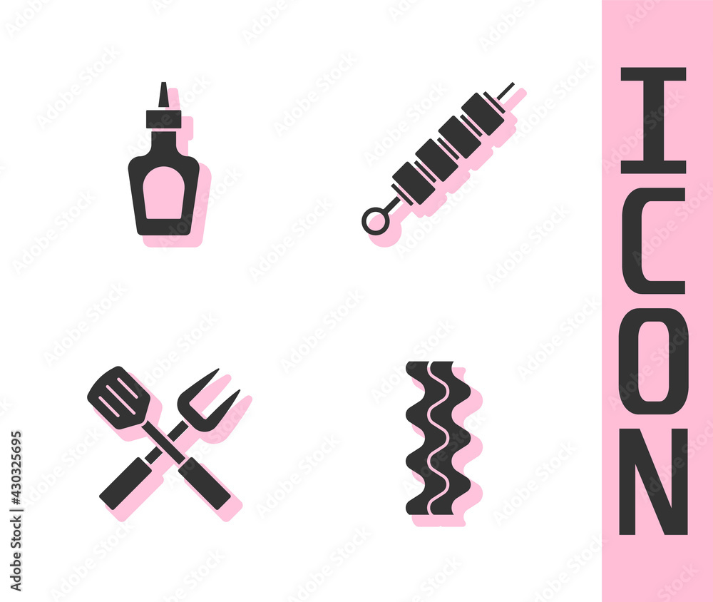 Set Bacon stripe, Sauce bottle, Crossed fork and spatula and Grilled shish kebab icon. Vector