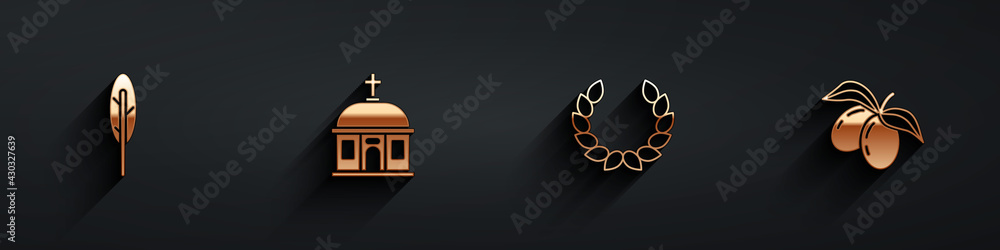 Set Feather pen, Santorini building, Laurel wreath and Olives branch icon with long shadow. Vector