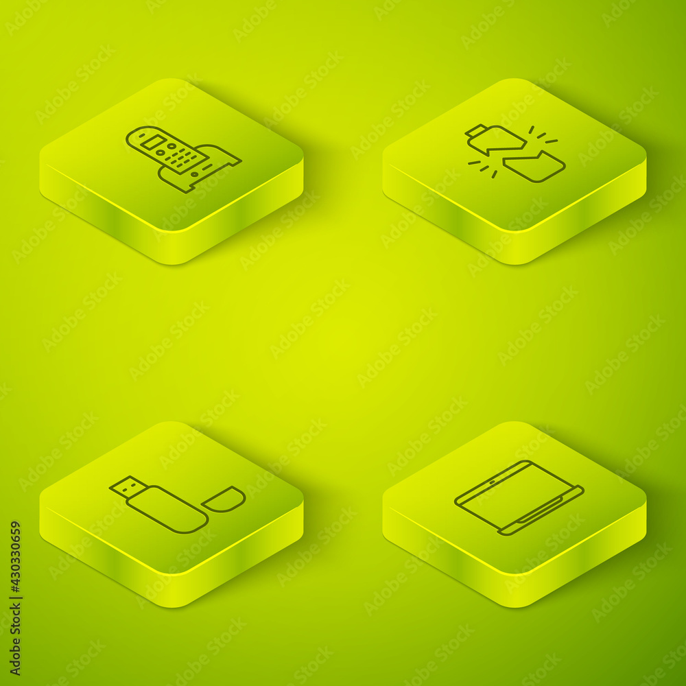 Set Isometric Broken battery, USB flash drive, Laptop and Telephone icon. Vector