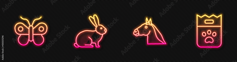 马头、蝴蝶、兔子和一袋食物。闪闪发光的霓虹灯图标。矢量