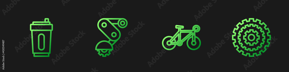Set line Bicycle, Sport bottle with water, Derailleur bicycle rear and cassette. Gradient color icon