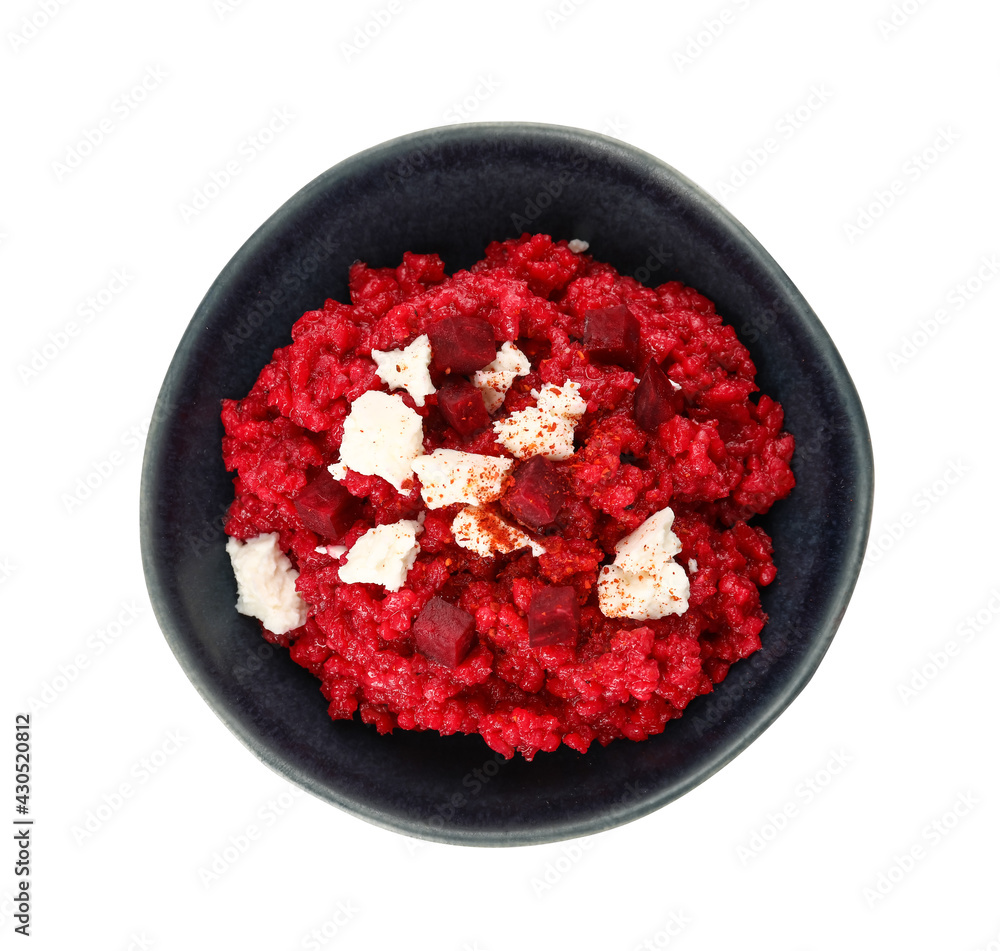 Plate with tasty beet risotto on white background